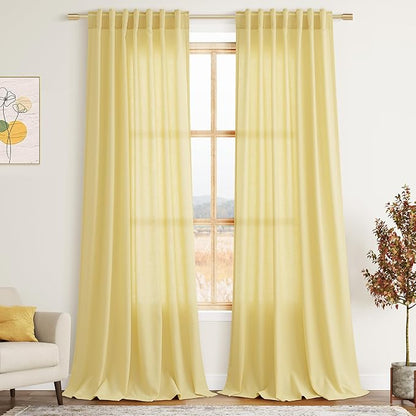 Yellow Linen Semi Sheer Curtains 120 Inches Long 2 Panels Set Back Tab Loop by Nanspring