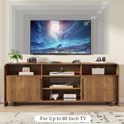 Fluted TV Stand for 75 65 80 Inch TV, 70 Inch Long Walnut Entertainment Center - Image 5