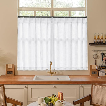 Pinch Pleated White 36 Inch Length Kitchen Curtains 2 Panels Set | Linen Blend by Twodrapes
