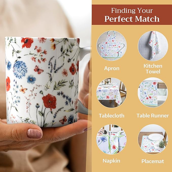 Maison d' Hermine Coffee Mug with Handles Fine Bone China Mugs Pack of Two Tea Cups for Hot Beverages Cappuccino Latte Home Restaurant Office Perfect for Gift (Just Floral, 15 Ounce)