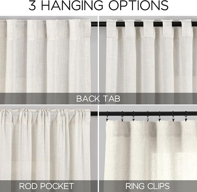 Cream Linen Curtains 84 Inch Length 2 Panels Back Tab Pocket Semi Sheer Bedroom - Image 3