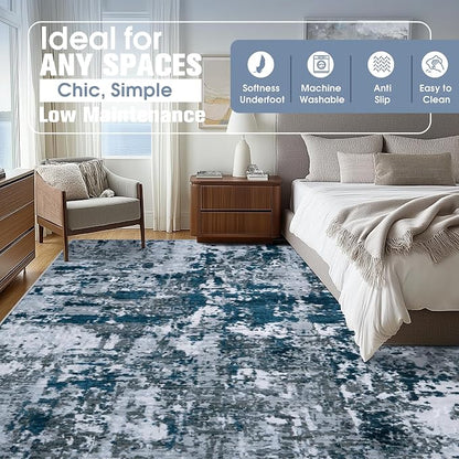 9x12 Area Rugs for Living Room Washable Bedroom Dining Room Navy Grey | Modern - Image 9