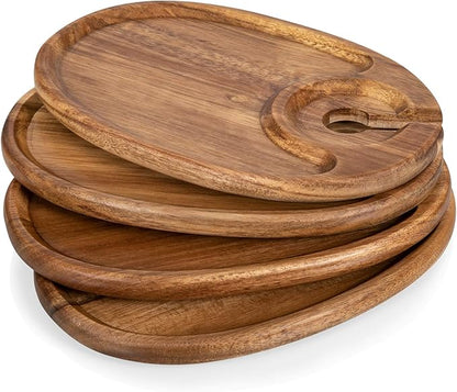 PICNIC TIME Wine Appetizer Plates, Set of 4 Wooden Cocktail Plates with Glass Holder, Mini Charcuterie Boards for Wine and Cheese Parties, Acacia Cheese Board Serving Trays (Oval - Acacia Wood)