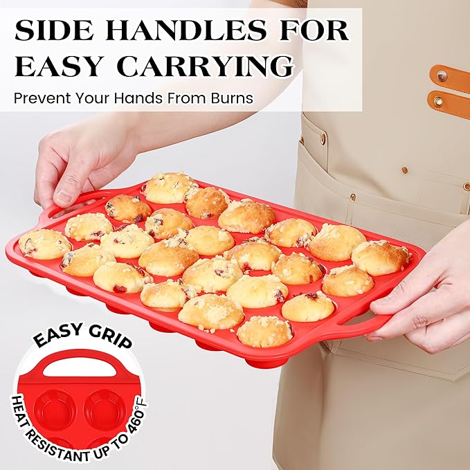 3 Pcs Silicone Baking Pan Set - Including 1 Pc Mini Loaf Pan, 1 Pc Standard Muffin Pan and 1 Pc Mini Muffin Pan - Silicone Cupcake Molds With Metal Reinforced Frame (Red)