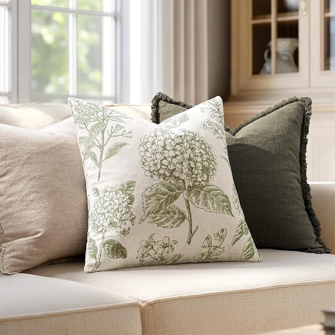 Set of 2 Euro Floral Pillow Covers 24x24 Inch Light Green | Decorative Neutral - Image 3