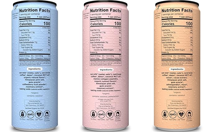 Pop & Bottle, Oat Milk Lattes - Cold Brew, Maca, Antioxidants, Ashwagandha, MCT Oil, Collagen, Organic, Diary Free, Gluten Free, Lightly Sweetened with Dates - Variety, 8 Fl Oz (12 Pack)
