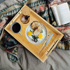 Bamboo Wood Serving Tray with Gold Polished Metal Handles, Decorative Tray Platter Coffee Table Tray Rectangular Wooden Breakfast Tray for Ottoman, Kitchen, Bedroom, Lap &Couch - 15x10.4 Inch
