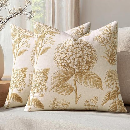Set of 2 Decorative Floral Pillow Covers 22x22 Inch Light Yellow | Neutral by SWANCOCO