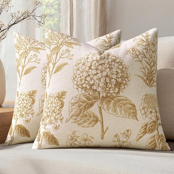Set of 2 Decorative Floral Pillow Covers 18x18 Inch Light Yellow | Neutral by SWANCOCO