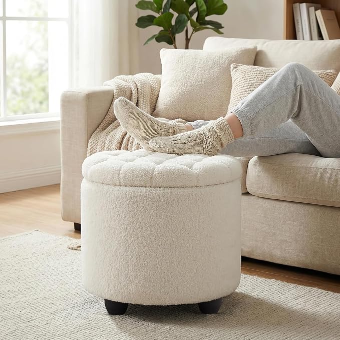 Furniliving Modern Round Storage Ottoman, Button Tufted Ottoman Footstool - Image 5