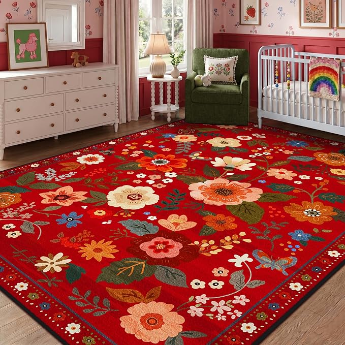 Floral Washable 6x9 Area Rugs Red/Orange | Flower Carpet Print Boho Cute Non - Image 9