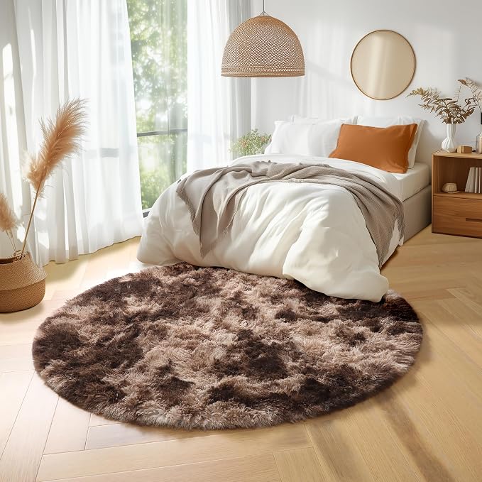 Amdrebio Brown Tan Fluffy Shag Round Circle Area Rug 4Ft - Image 7