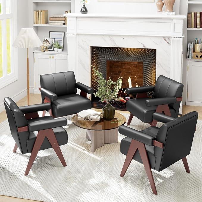 STHOUYN Black Leather Accent Chairs, Mid Century Modern Chair, Side Arm Chairs - Image 8