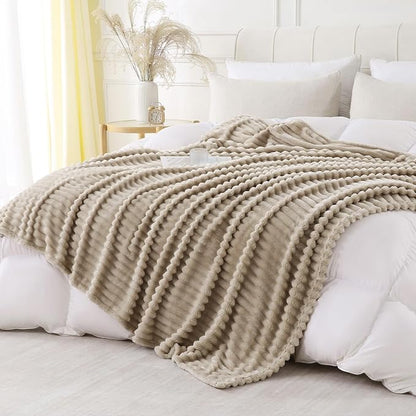 Khaki Throw Blanket for Couch Sofa 50x70 inches Striped Design | Fleece - Image 4