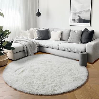 Cream White Round Area Rugs 6ft, Fluffy Soft Bedroom Circle Rug Floor Mat - Image 4
