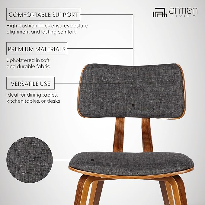 Armen Living Jaguar Dining Chair in Charcoal Fabric and Walnut Wood Finish - Image 3