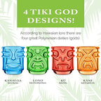 Final Touch Tiki Glasses Set of 4 - Kanaloa, Lono, Kū, Kāne Designs, 12 oz (355 ml), Multicolored, Stackable Totem Pole Storage, Durable Glassware for Tropical Cocktails (TK5302)