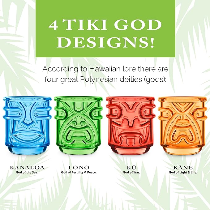 Final Touch Tiki Glasses Set of 4 - Kanaloa, Lono, Kū, Kāne Designs, 12 oz (355 ml), Multicolored, Stackable Totem Pole Storage, Durable Glassware for Tropical Cocktails (TK5302)