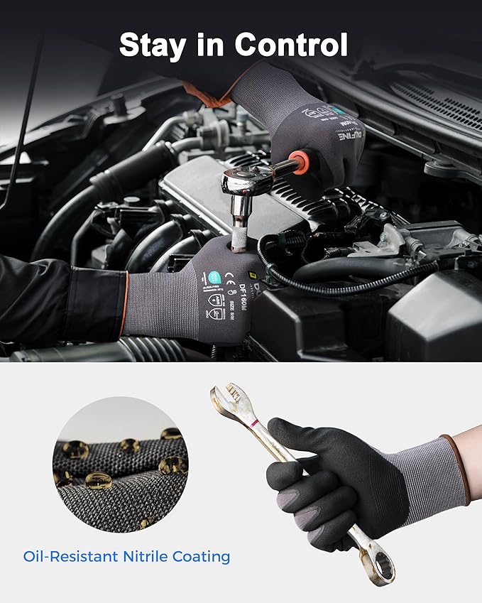 DULFINE Safety Work Gloves MicroFoam Nitrile Coated-24 Pairs Pack,Seamless Knit Nylon Glove with Black Micro-Foam Nitrile Grip,Ideal for General Purpose,Automotive,Home Improvement,Painting(XX-Large)