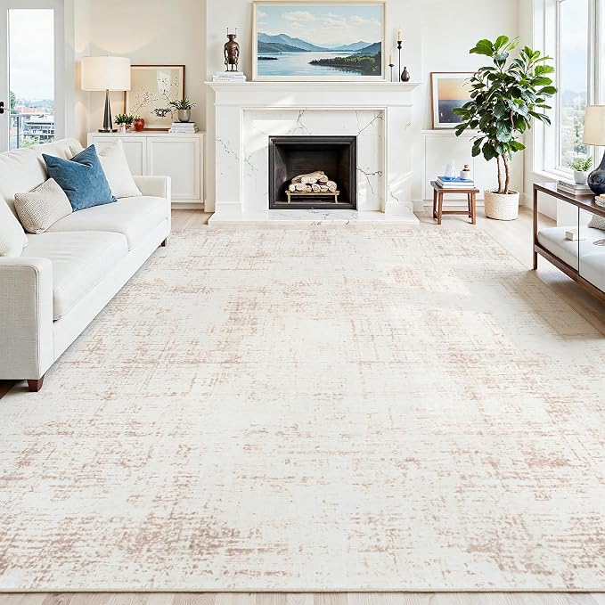 9x12 Washable Area Rug for Living Room Bedroom: Non-Slip Modern Beige White | by Oriannal