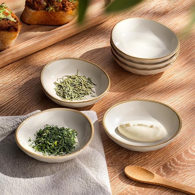 famiware Ocean Soy Sauce Dishes of 6, Oval Dipping Sauce Cups/Bowls/Dishes for Kitchen, 2.1oz Ceramic Small Bowls for Side Dish, Appetizers, Snacks, and Sushi, Dishwasher Safe, Vanilla White