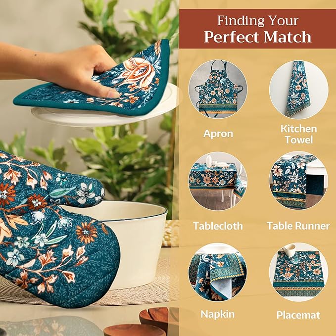 Maison d' Hermine Oven Gloves 100% Cotton Oven Mitt 7" x 13" with Loop Heat Resistant, BBQ, Cooking Gloves, Baking, Grilling, Kitchen, Handling Hot Pans (Pack of 1, Luxury Loft-Dark Teal)