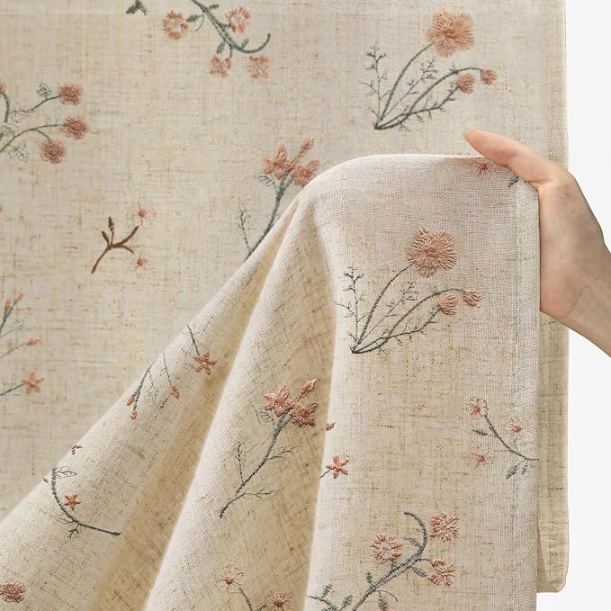 Floral Embroidered Light Filtering Curtains 63 Inch 2 Panels | Linen Blend - Image 4