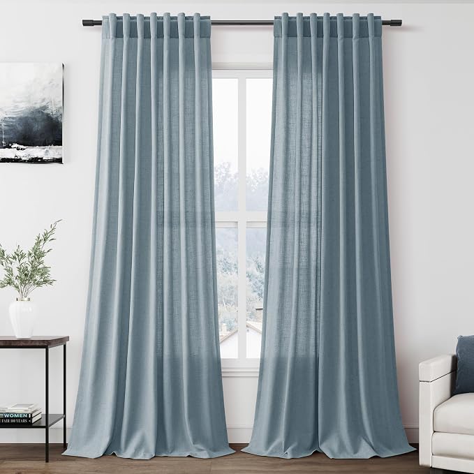 Light Blue Linen Curtains Semi Sheer 96 Inches Long 2 Panels Set by Nanspring