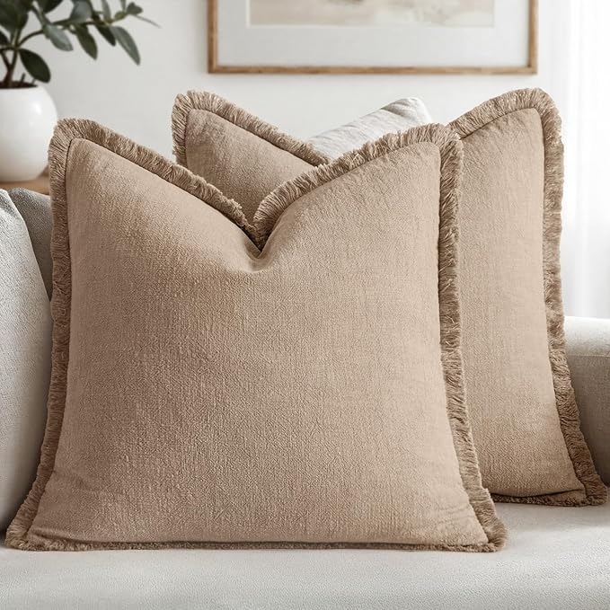 MIULEE Boho Linen Fringe Decorative Euro Throw Pillow Covers Camel 26x26 | Set by MIULEE