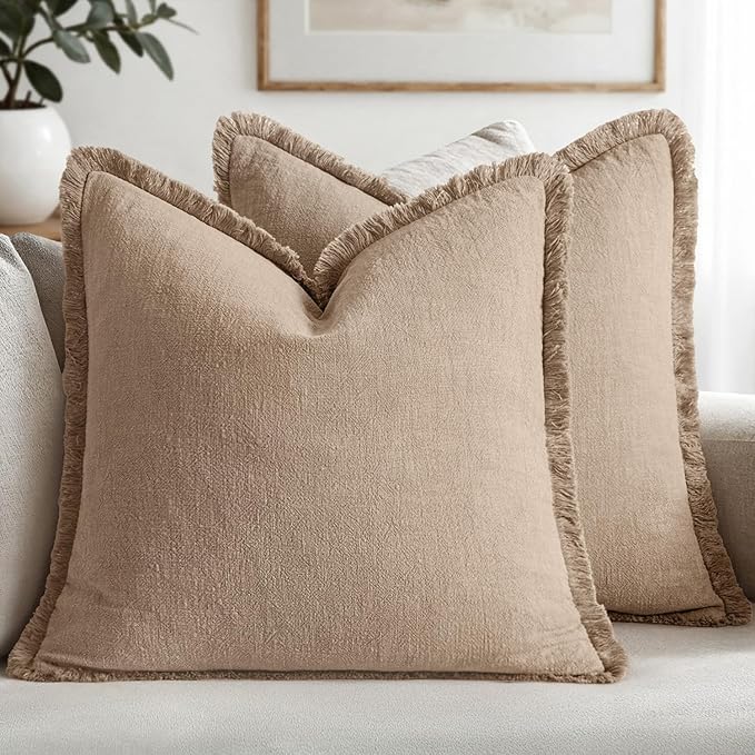 MIULEE Boho Linen Fringe Decorative Euro Throw Pillow Covers Camel 22x22 | Set by MIULEE