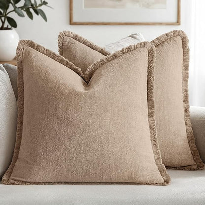 MIULEE Boho Linen Fringe Decorative Euro Throw Pillow Covers Camel 22x22 | Set by MIULEE