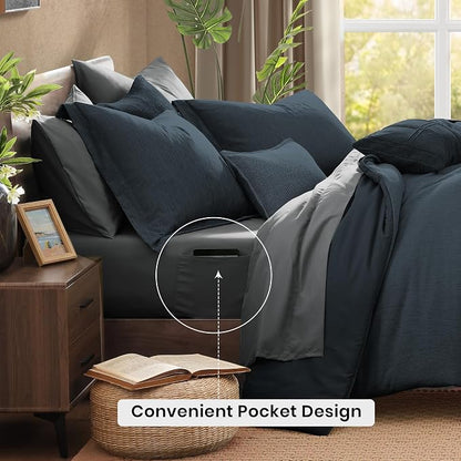 Monbix Twin XL Comforter Set Navy Blue, Cationic Dyeing Bedding Set Reversible - Image 4