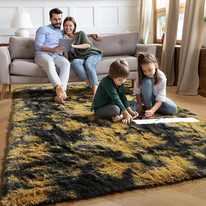 Black and Yellow Bedroom Rugs 4x6 Ft, Fluffy Modern Living Room Area Rug | - Image 4