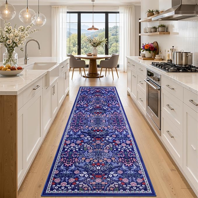 PLHXFR 3x10 Washable Runner Rug：Floral Indoor Kitchen Soft Carpet Blue | by PLHXFRSoftAreaRugs