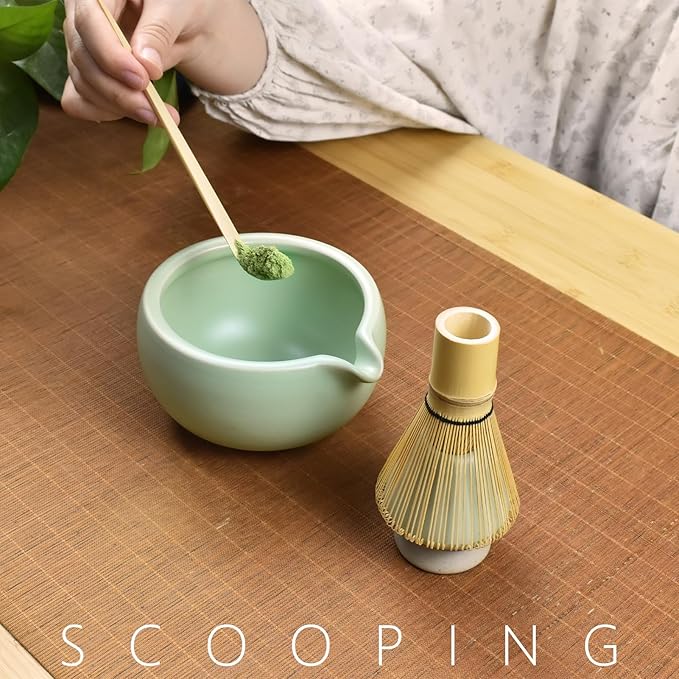 Artcome 4 Pcs Complete Matcha Ceremony Kit - Japanese Bowl With Pouring Spout, Whisk, Holder, Scoop - Tea Set for Making Usucha, Koicha and Latte (Green)