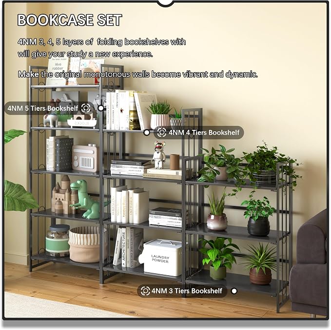 4NM No Assembly 5 Tiers Folding Bookshelf, 59.4" H Foldable Storage Shelves - Image 8