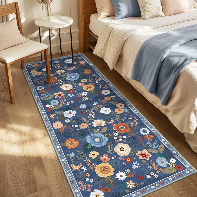 Floral Washable 2x8 Area Rugs Runner Entryway Hallway Blue/Grey | Flower Carpet - Image 9