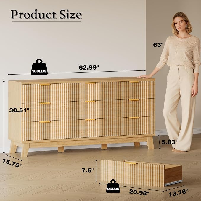 BORNOON 63" Long Dresser for Bedroom, 9-Drawer Fluted Dresser, Extra-Wide Wood - Image 2