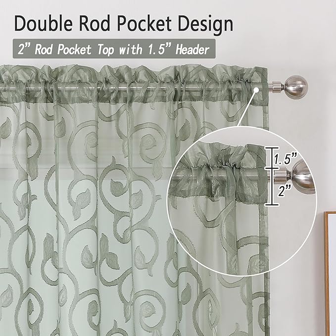 Furman Sage Green Sheer Curtains 54 Inch Length 2 Panels Set - Image 4