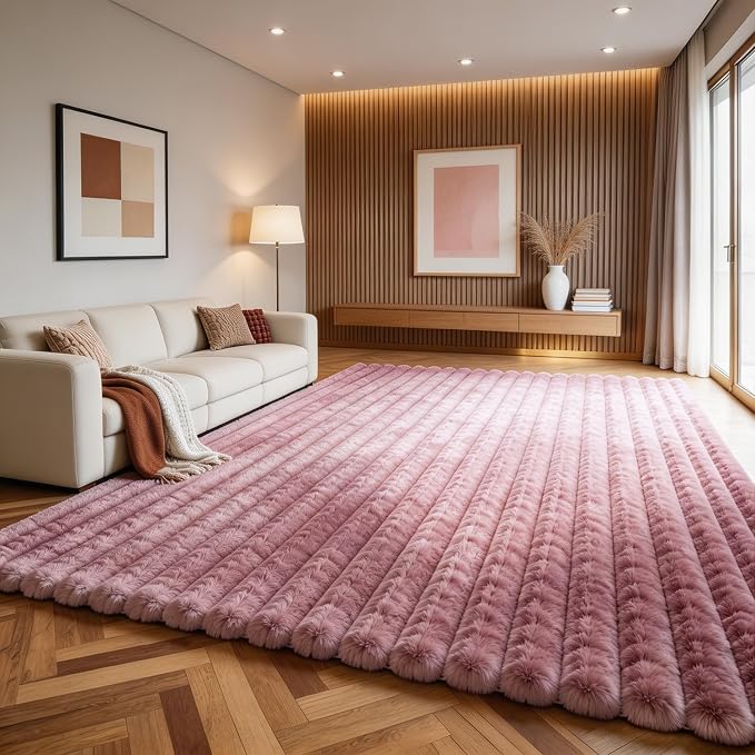 Dusty Rose Rabbit Striped Plush Rug 6'x9', Fluffy Shaggy Area Rug by CHOVY