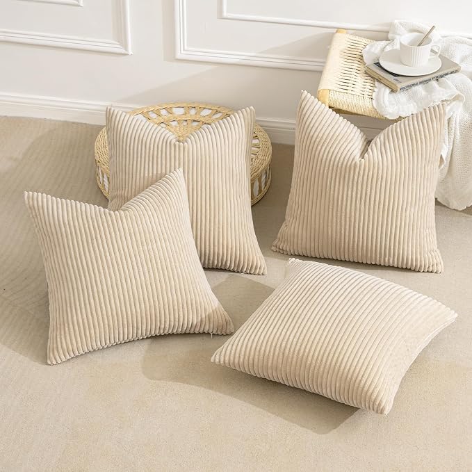 MIULEE Soft Corduroy Decorative Throw Pillow Covers Beige 20x20 | Set of 4 - Image 4