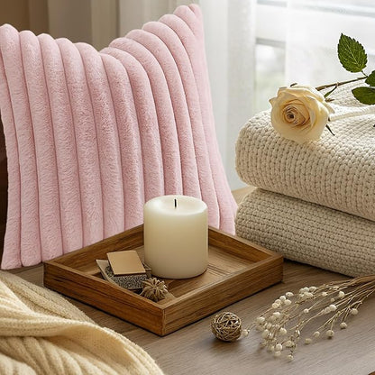 decorUhome Fall Faux Fur Throw Pillow Covers 18x18 Set of 2 Pink | Decorative - Image 9