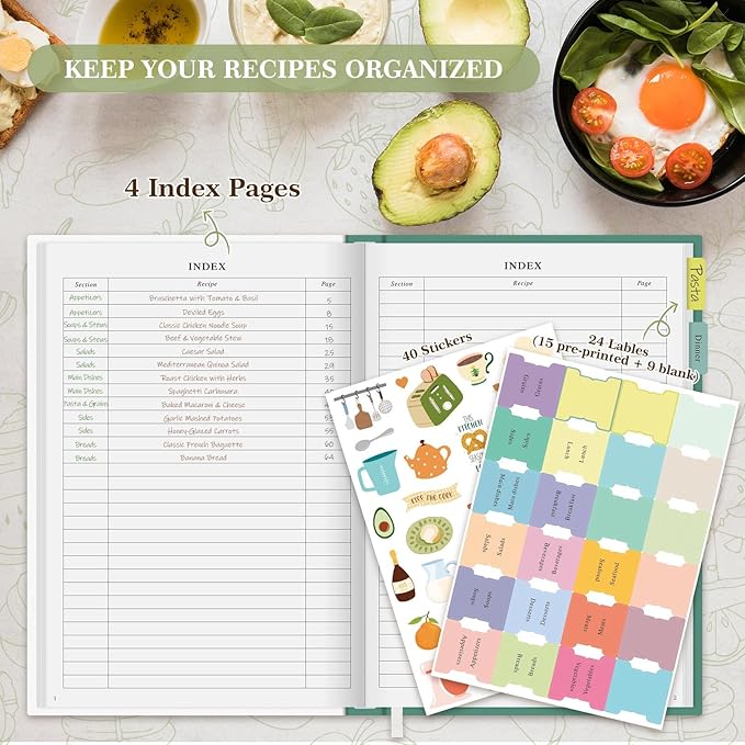Lanpn Blank Recipe Book Cookbook for 70 Recipes, B5 Waterproof Empty Recipe Notebook to Organize Your Family Recipes, Leather Cooking Journal with Stickers to Write in Your Own Recipes, Green