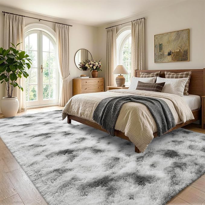 6x9 Large Tie-Dyed Grey and White Fluffy Area Rug Non-Slip - Image 3