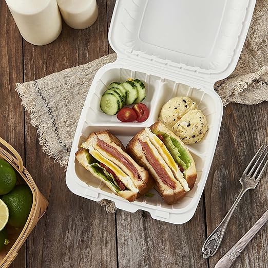 8X8" 3Compartment 50-Pack Plastic Clamshell Take Out Food Containers, Heavy Duty To-go Disposable Lunch Box For Cake, Sandwich, Salad, Dessert, Restaurant Meal Prep Packaging Catering Hinged Container