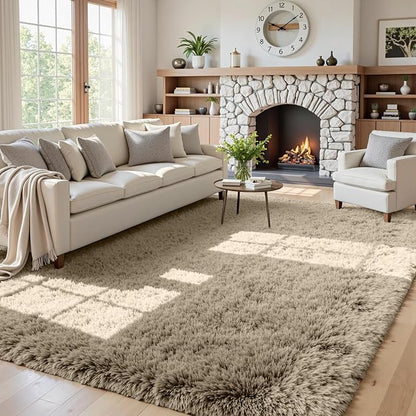 5x7 Fluffy Shag Area Rugs for Living Room Bedroom: Soft Carpet Gray Camel | by CarpetAddColortoYourLife