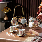 Zhehao 20 Pcs Porcelain Tea Set with Metal Holder and Spoon Adult Ceramic Tea Party Set European Flower Painting Teapot Cup Saucer Spoon Set for Women, Large Version(Bright Style)