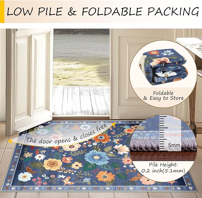 Floral Washable 2x10 Area Rugs Runner Entryway Hallway Blue/Grey | Flower - Image 4