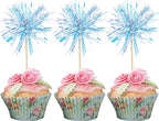 30 PCS Foil Firework Cupcake Toppers Happy Birthday Cupcake Toppers Sparkle Tinsel Flower Drink Stirrers Cocktail Fruit Toothpicks for Valentine's Day Baby Shower Party Cake Decor Supplies Blue