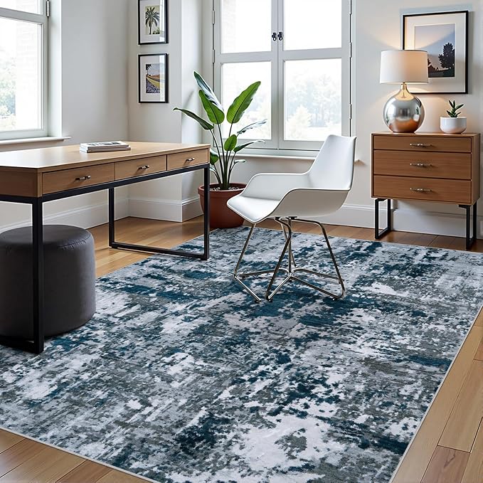 5x8 Area Rugs for Living Room Washable Bedroom Dining Room Navy Grey | Modern - Image 3
